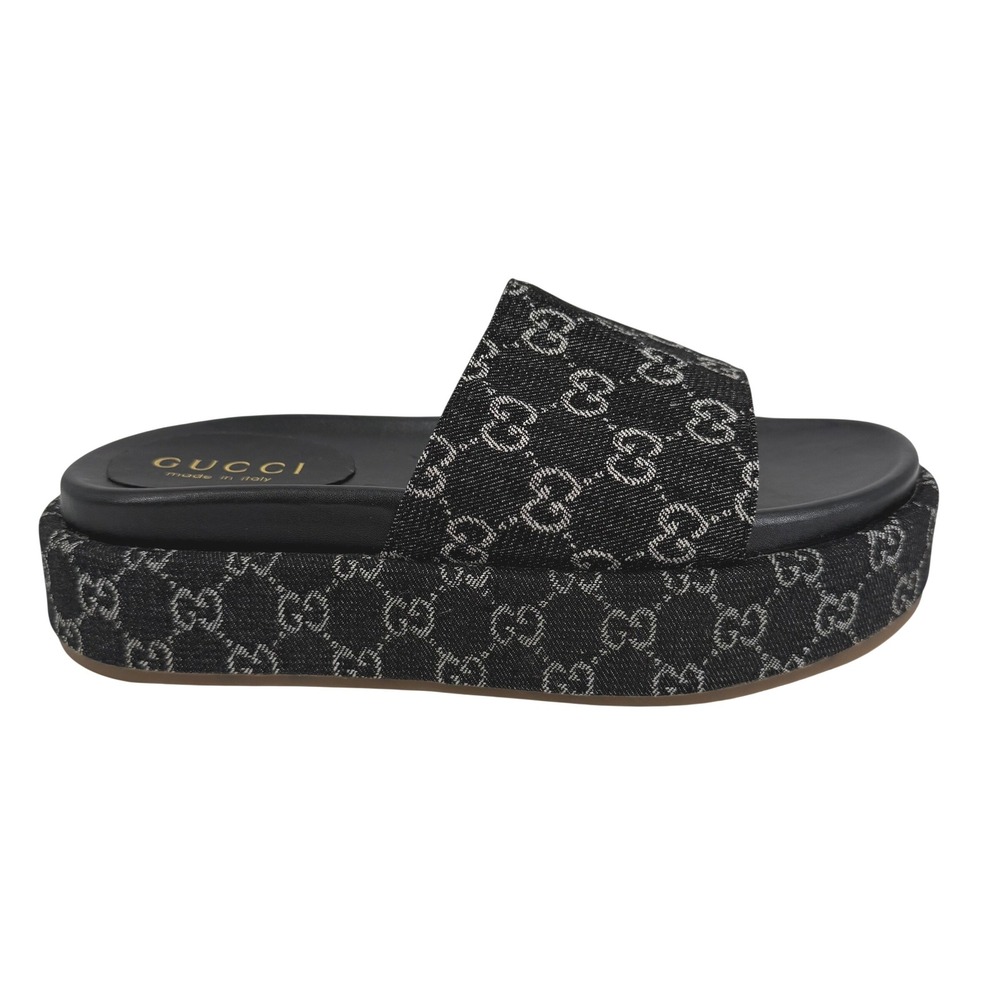 Gucci Platform Slides Womens 42/US 12 Black GG Monogram Denim Sandals Condition - Picture 1 of 9